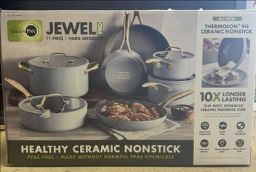 GreenPan Jewel 11-piece ceramic nonstick cookware set.