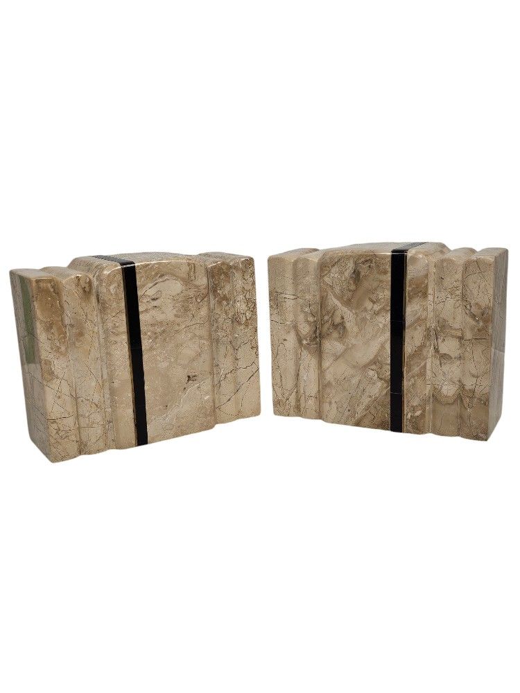 Vintage Art Deco Inlay Heavy Marble Bookends by Renoir MCM 6½" x 5¼" x 2¾"