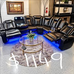 Black Leather Power Reclining Sectional Sofa with LED Lighting