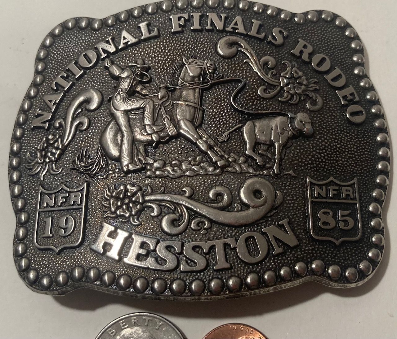 Vintage 1985 Metal Belt Buckle, NFR, National Finals Rodeo, Hesston, Nice Design, 3 3/4" x 3", Heavy Duty, Quality, Made in USA, Thick Metal, For Belt