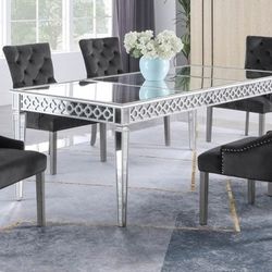 Brand New Gray  Silver Mirrored Velvet 7pc Dining Table Set 