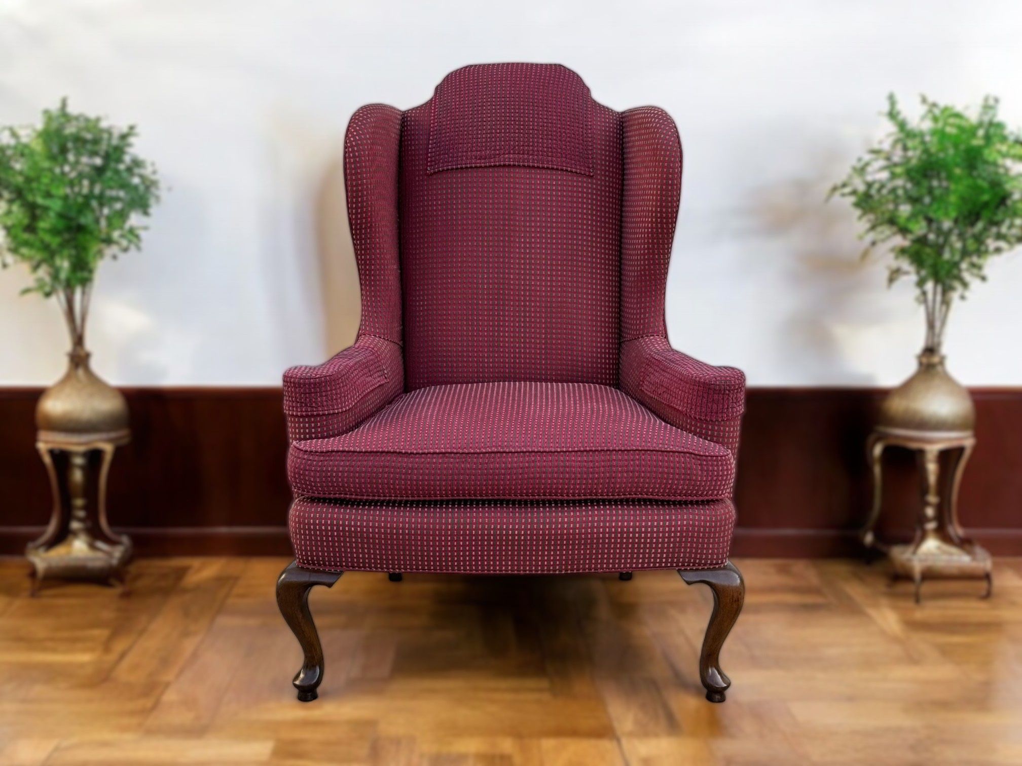Vintage Ethan Allen Queen Anne Style Red Fabric Wingback Chair