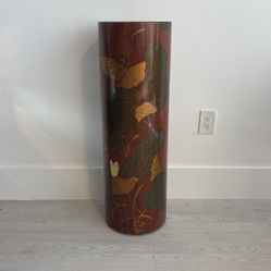 36” Asian Chinese Chinoiserie Gold, Brown, White, Black, Green Blue Lacquer Pedestal Table Column. Lotus Flower Butterfly Bird Motif For Art Statue Or