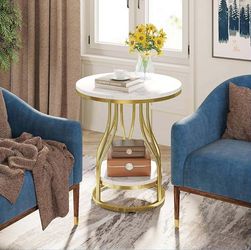 Round side table in white gold, side table with 2 levels, modern bedside table, small side table with storage space for the sofa, side table with meta