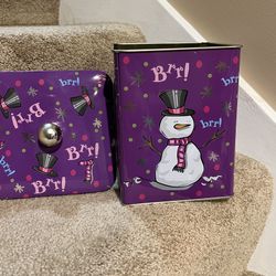 Candy Treats Cookies Gift Tin Canister Snowman Brr Purple 7” tall w/ lid