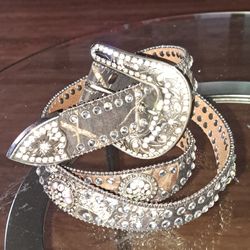 Blazin Roxx XL Silver And Crystal Genuine Leather Belt 