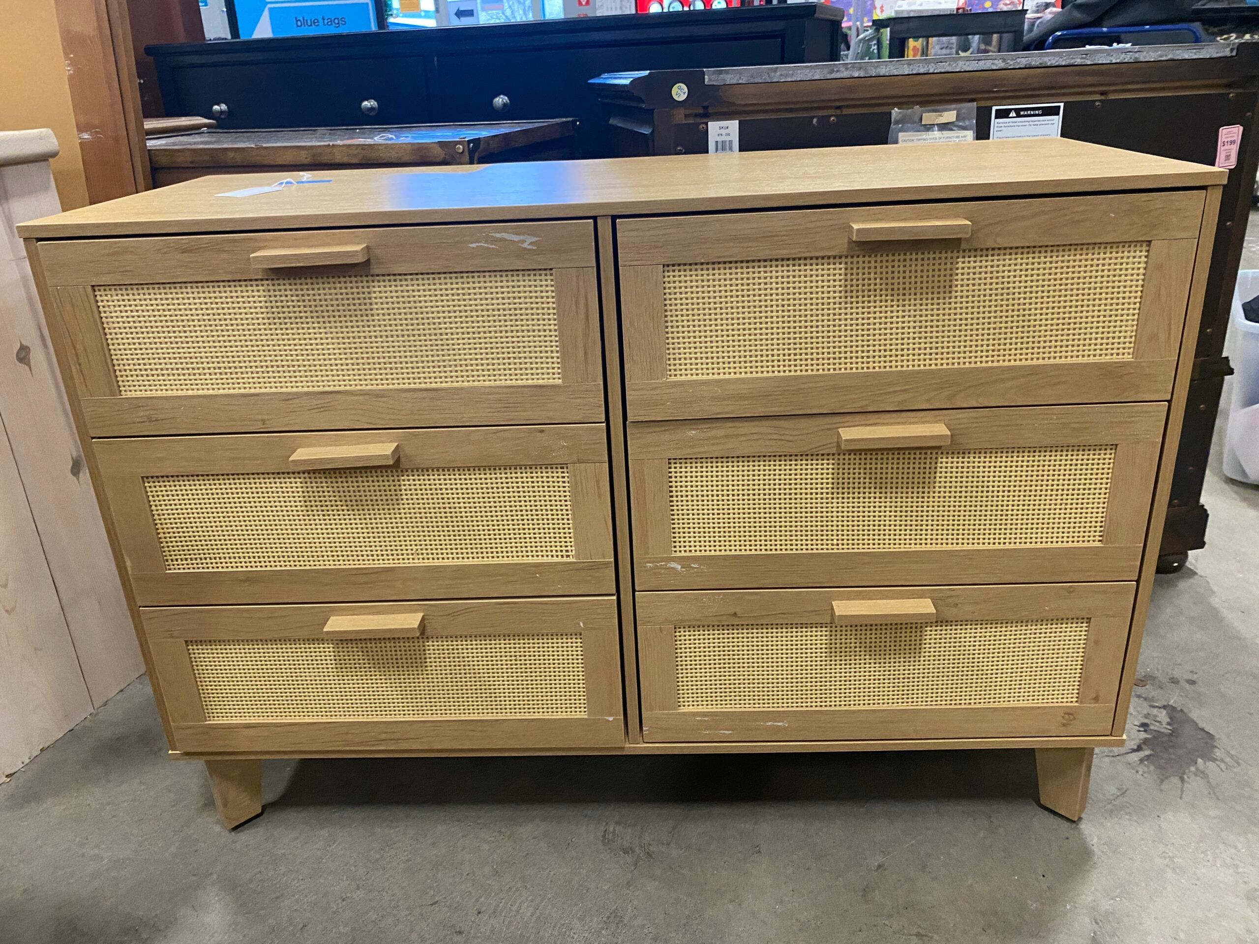 Wood and Rattan 6 Drawer Dresser