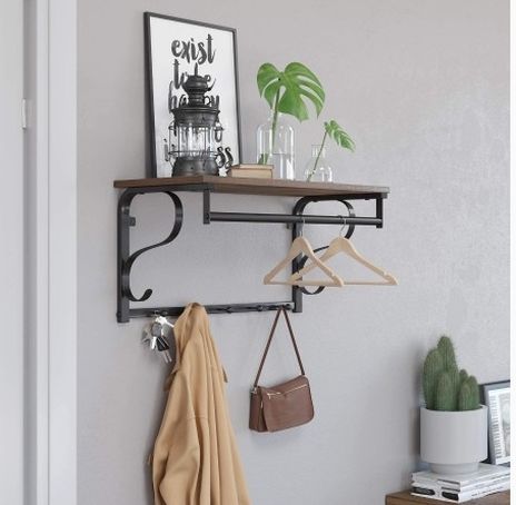 Industrial Coat Rack Shelf Wall Mounted, Hook Rack Shelf with Hanging Rail, 5 Metal Hooks and Upper Shelf for Storage Hallway Entryway Bathroom Bedroo