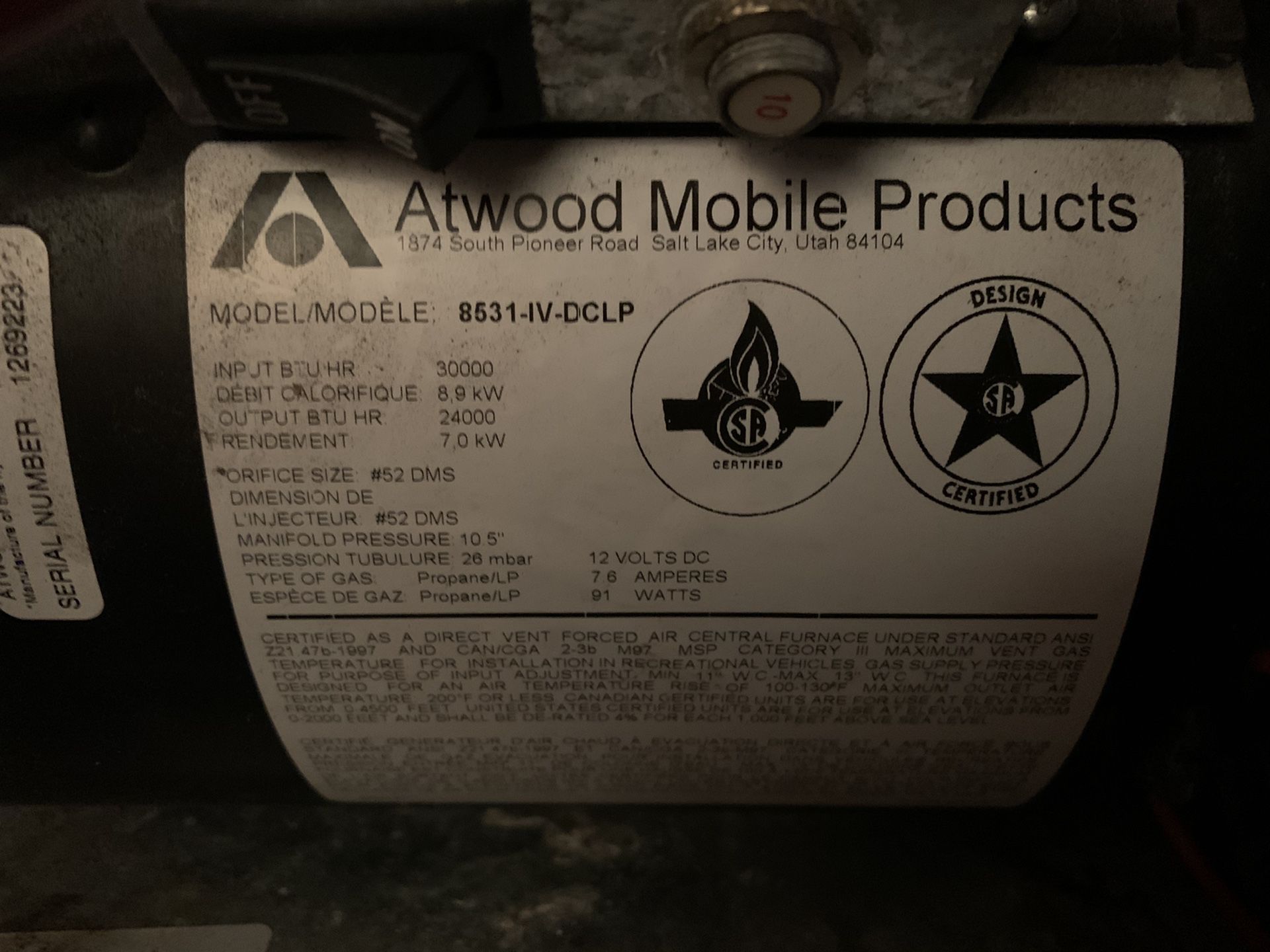 Atwood 8531-IV-DCLP 30,000 BTU Furnace