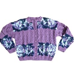 Vintage Floral Cable Knit Cardigan Sweater Handmade Purple Blue