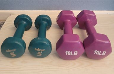5lb and 10lb pairs of dumbbells