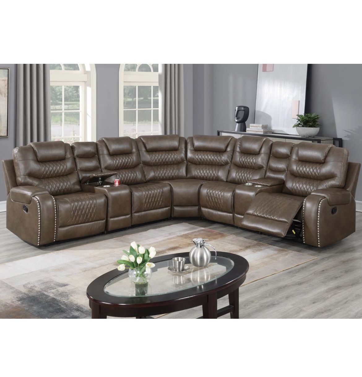 Only 5 Sets Left Of This Gorgeous Brown Manual Recliner Sectional In Breathable Leatherette Nailhead Trim Accent 2 Storage/cup holder Console Wedges