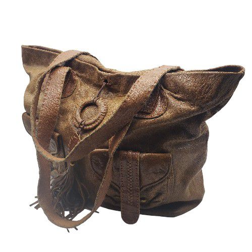 CARLA MANCINI Womens Texture Cognac Brown Leather Tassel Purse Boho Shoulder Bag