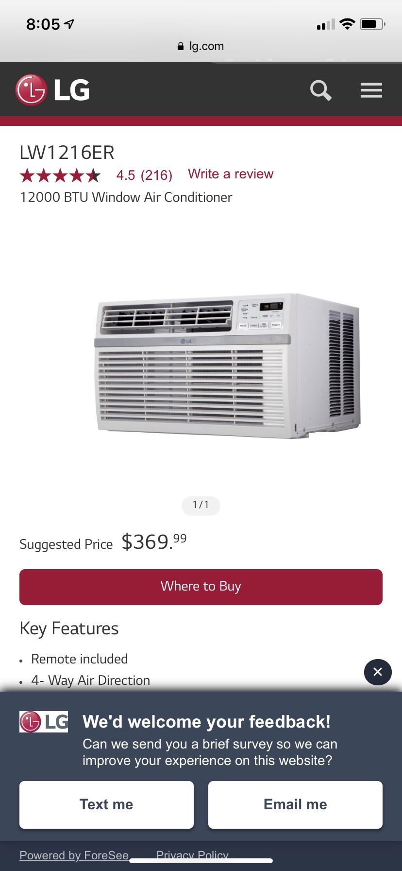 LG AIR CONDITIONER m/n LW1216ERY7