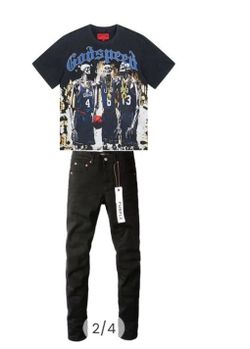 godspeed tee shirt with purple jeans
