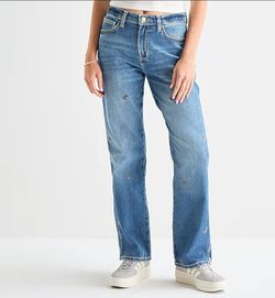 Medium Wash High Rise Tiny Rose Embroidered  Straight Leg Jean