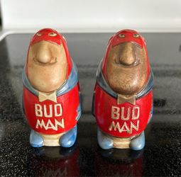 Vintage 1975 Budweiser Bud Man Ceramic Salt & Pepper Shakers