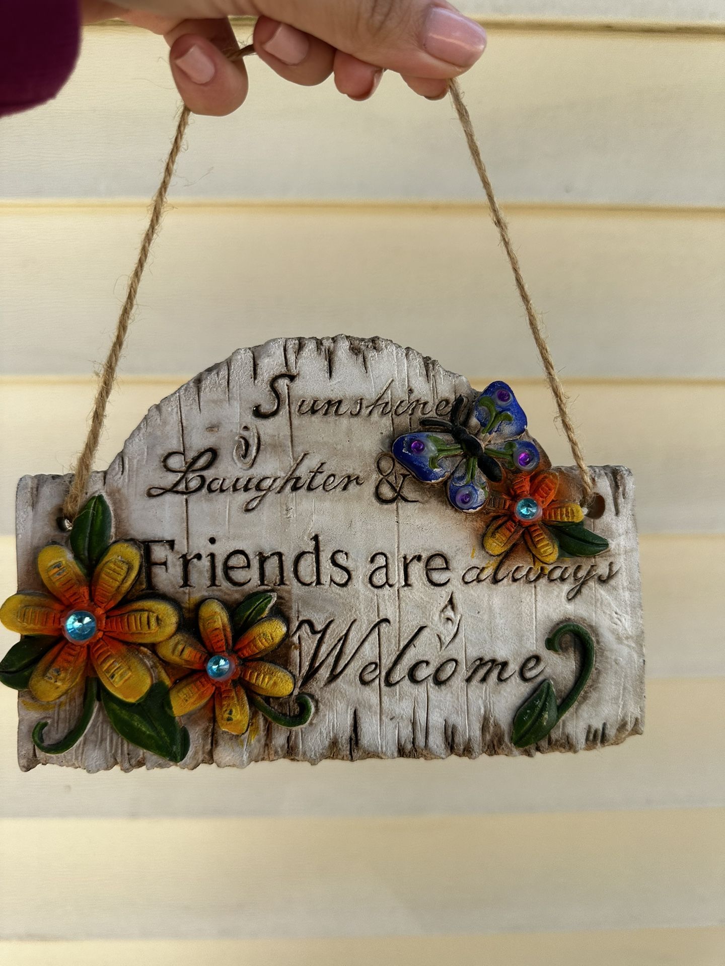 Decorative Garden Stones Cement Flowers and Butterflies Hanging Plaques Collection with Inspirational Sayings Set (Sunshine, Laughter, Friends are Alw