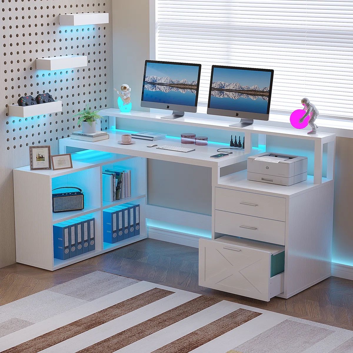 New Ravleen 66'' W L-Shaped Computer Desk with Cube Shelves and Cabinet