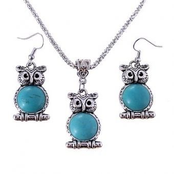 Artificial Turquoise Vintage Style Jewelry Set Owl Ladies Vintage Western Style Include Drop Earrings Pendant Necklace Silver For Daily