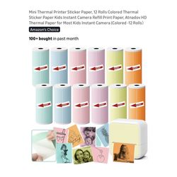 Brand new 12 Rolls colored Mini Thermal Printer Sticker Paper, 12 Rolls Colored Thermal Sticker Paper Kids Instant Camera Refill Print Paper, Atnadov 