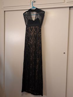 Vintage Juno Dress Black Lace & Nude Formal Gown - Sheer Halter Neck