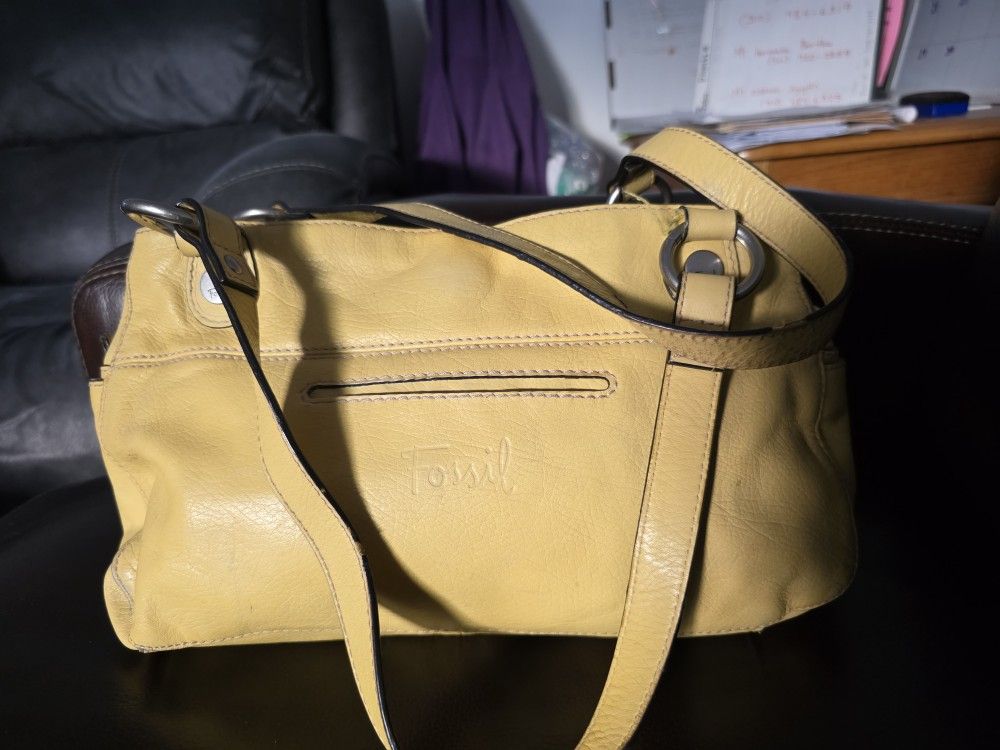 Fossil Yellow Leather Triple Compartmet Handbag Purse Tote 14" X 8" X 4"