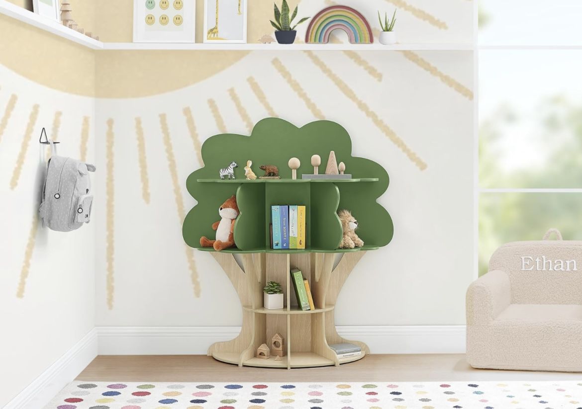 NEW IN THE BOX **Tree Shaped Bookcase in Green and Brown – Perfect for Children’s Rooms!** NEW IN BOX