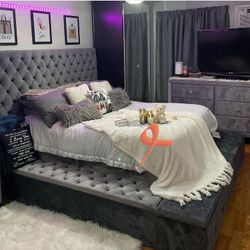 Gray Velvet Storage Platform Bed Frame Cama 