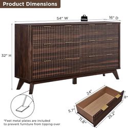 Fluted 6 Drawers Dresser, 54" Wide Modern Chest of Drawers, Curved Profile Design, Dresser TV Stand, Wood Drawer Organizer for Bedroom, Living Room, H