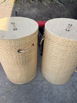 Pair of rattan-like storage cylinders AS IS