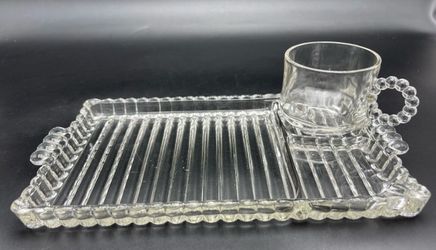 Vintage 1950 Hazel Atlas Orchard Glass Snack Sip & Smoke Luncheon Trays with Cup