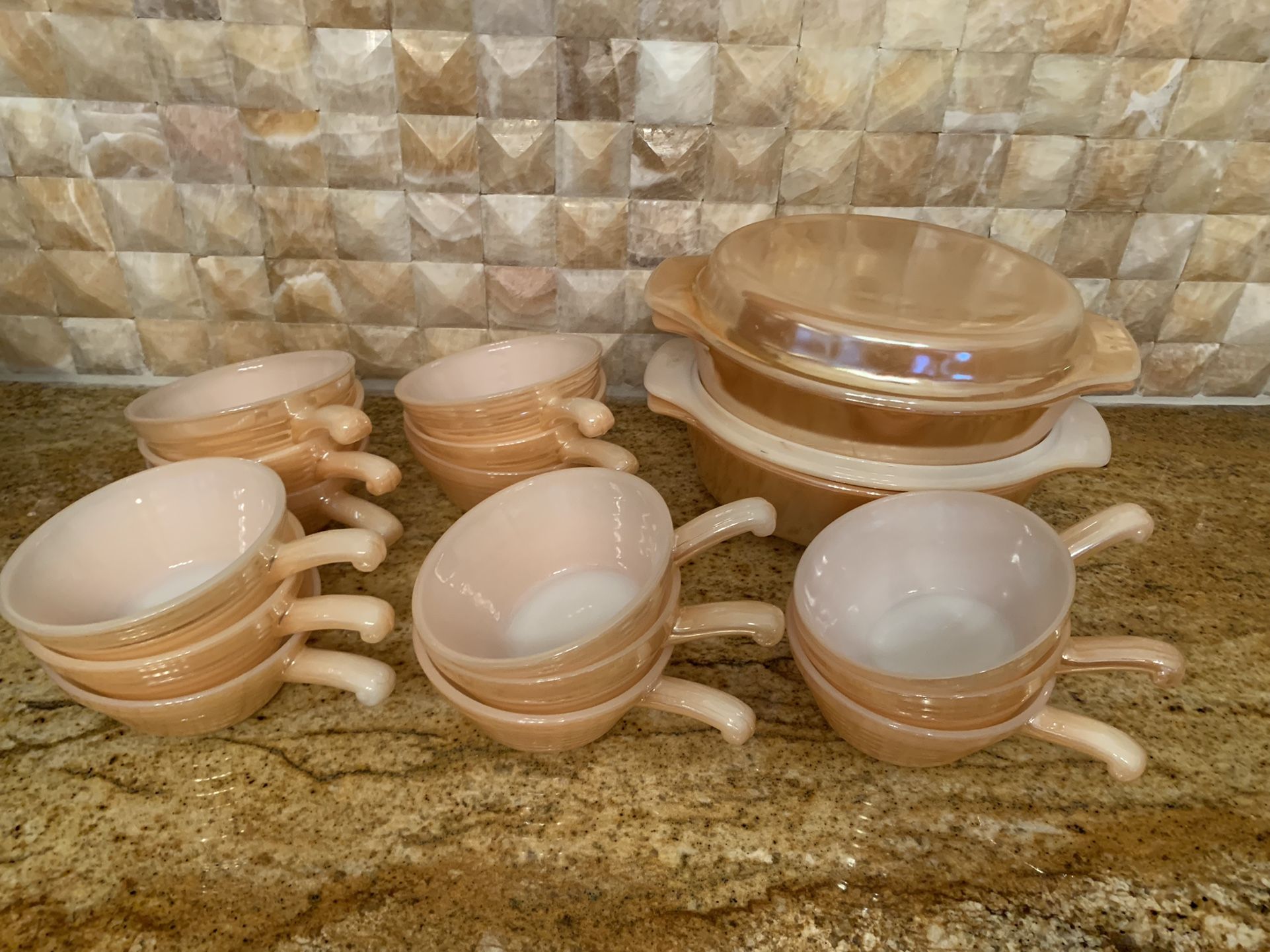 Vintage 1960s Oven Proof Milk Glass Peach Lusterwar Casserole With Matching lid & the set Of 5" Bowl with Handle