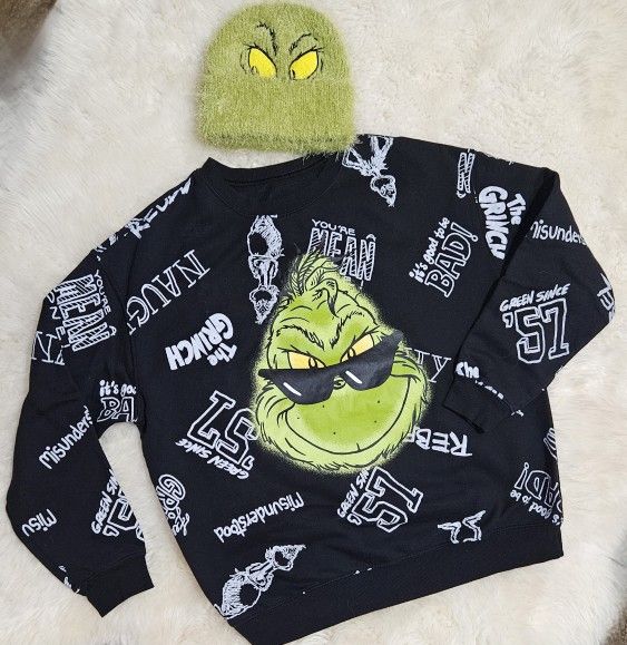Christmas The Grinch "YOU'RE A MEAN ONE" Cool Sweatshirt Size L and matching Fuzzy Grinch Beanie Hat 💚✨️🎄
