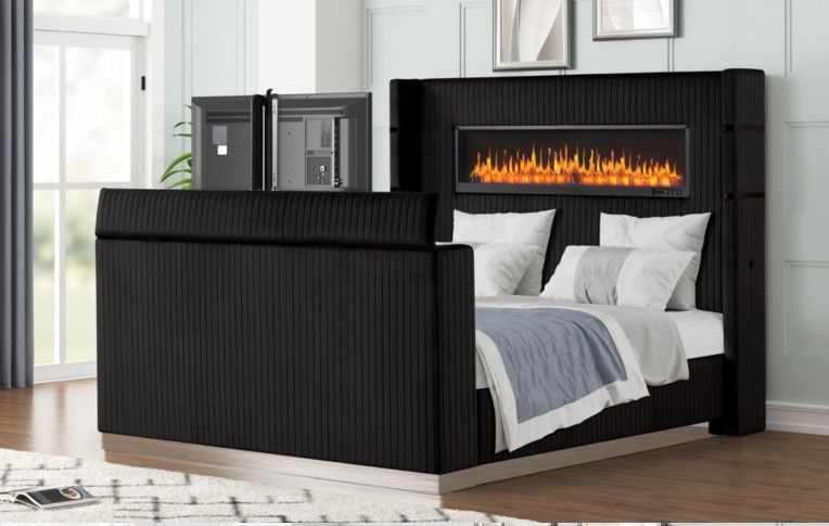 UPHOLSTERY LED FIREPLACE PLATFORM BED NEW IN BOX