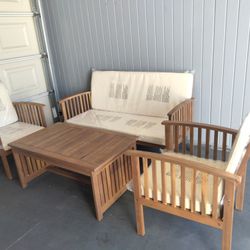 Outdoor patio wood loveseat with chairs and coffee table 