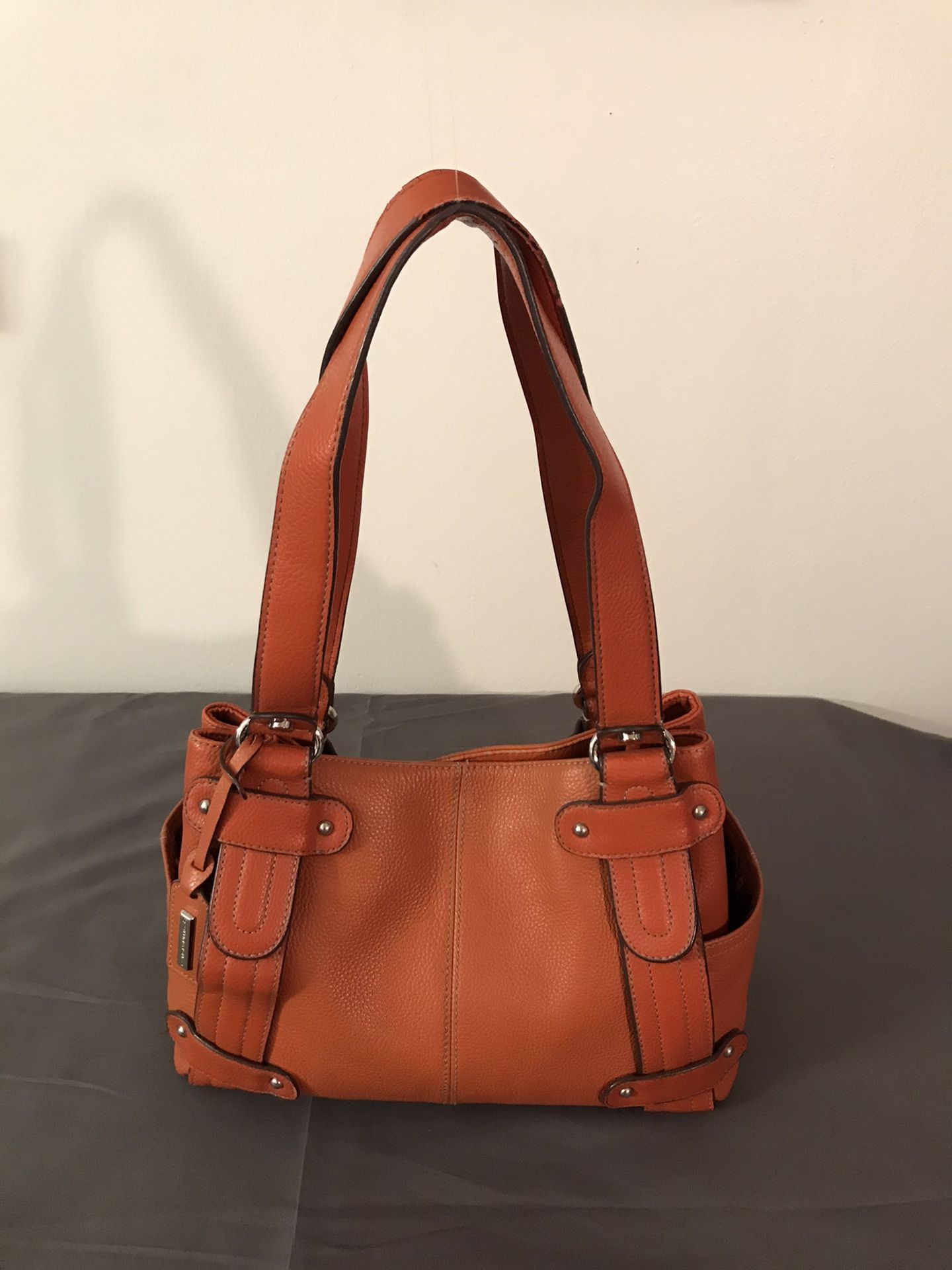 TIGNANELLO Double Handle Orange Pebbled Leather Handbag W/ Silk Lining