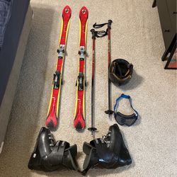 Skis, Bindings, Boots, Poles, Helmet, Goggles
