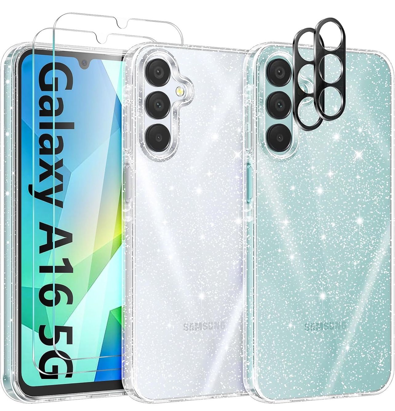 Case for Samsung Galaxy A16 5G, with Screen Protector[2 Pack] + Camera Lens Protector[2 Pack], Cute Clear Bling Sparkle Women Girls Phone Case Soft Sh