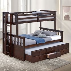 Twin Over Full Bunk Bed Frame With Twin Trundle And Drawers In Dark Brown Finish