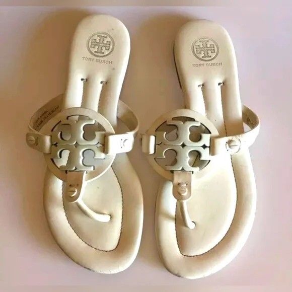 Tory Burch Miller Metal Cream Off White Leather Sandals Thong Flip Flops