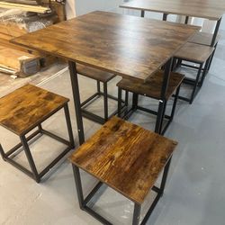 New Industrial Dining Table Set for 4 Compact Kitchen Table and 4 Stools Space Saving Home Furniture for Small Space, Rustic Brown