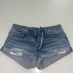  We The Free Free People Cutoff Short Shorts Light blue wash Distressed denim Button up fly Folded cuffs Women's size 25 Like new conditi