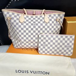 New Louis Vuitton Damier Azur Pink/Rose Ballerine Interior Neverfull MM Handbag 