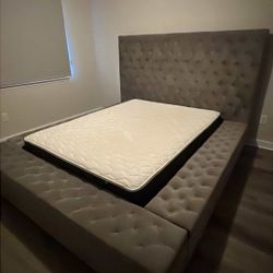 MOVING: Queen Upholstered Storage Bed + Mattress