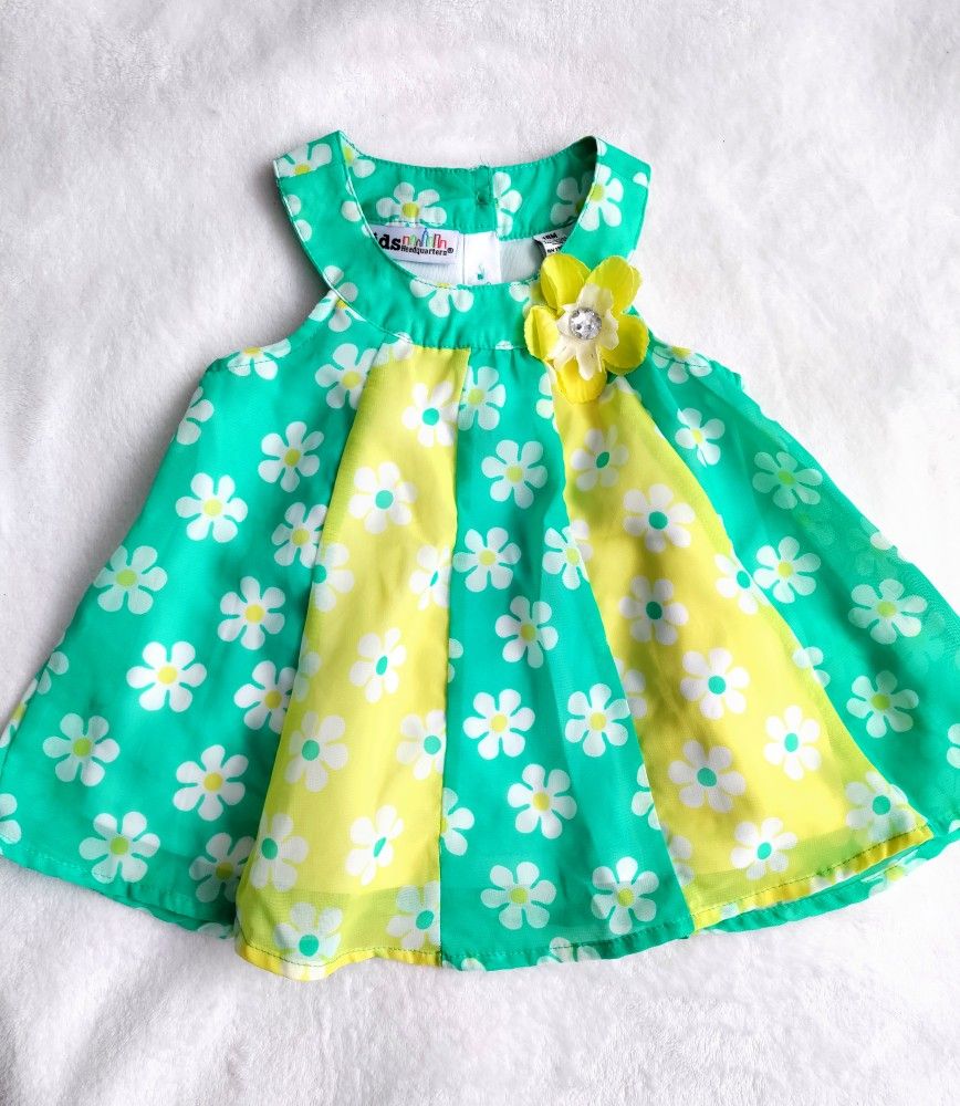 ✨18MO BABY GIRL DRESS GREEN AND YELLOW FLORAL SUMMER DRESS ✨