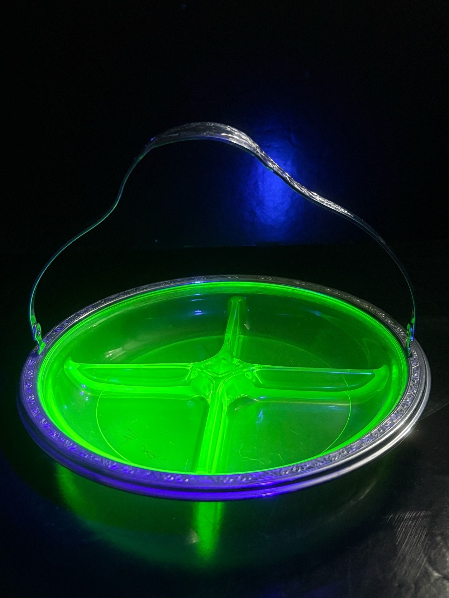 Vintage Uranium Glass 4 Section Candy Relish Dish with Silver Etched Metal Holder and Handle Excellent Condition 9” wide by 6.5” high