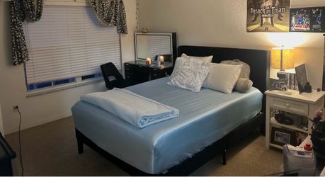 Bundle Queen Bed Frame with Black Upholstered Headboard + Mattress