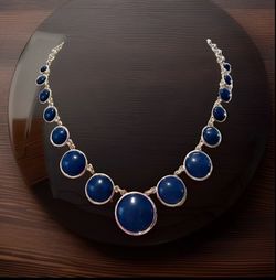 Chaps Necklace- statement collar length silver tone w/ navy blue round bezel