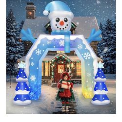 12FT Christmas Inflatable Arch Xmas Inflatable Outdoor Decorations Blue Snowman Blow Up Yard Decorations with Built-in LED Lights for Garden 